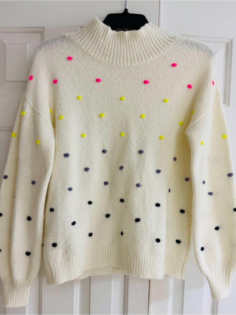 LOFT Cream Polka Dot Mock Neck Sweater with Neon Accents